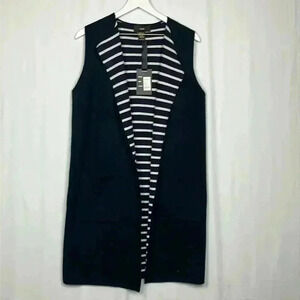 Rain Womens Sweater Vest Navy/White M Sleeveless Long Lines Open Front Stripes